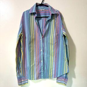 Paul Smith Light Blue Rainbow Stripe Low V Button Down Blouse
